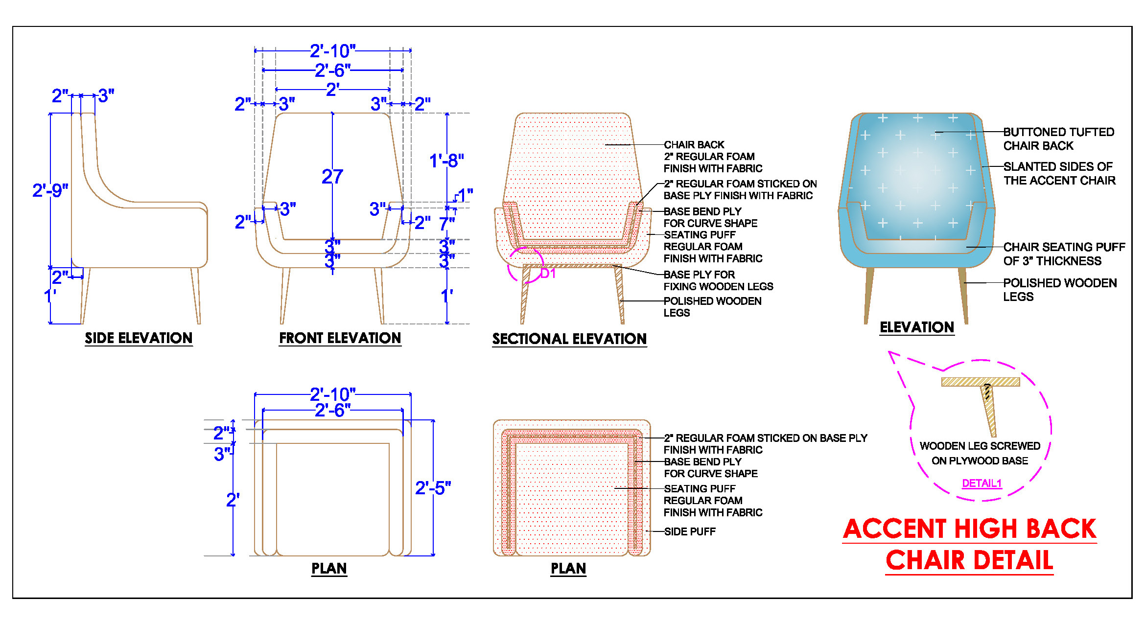 High Back Accent Chair with Wooden Legs- AutoCAD DWG